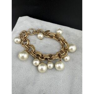 Faux Pearl Bracelet Dangle Gold Tone Signed St Thomas 7"